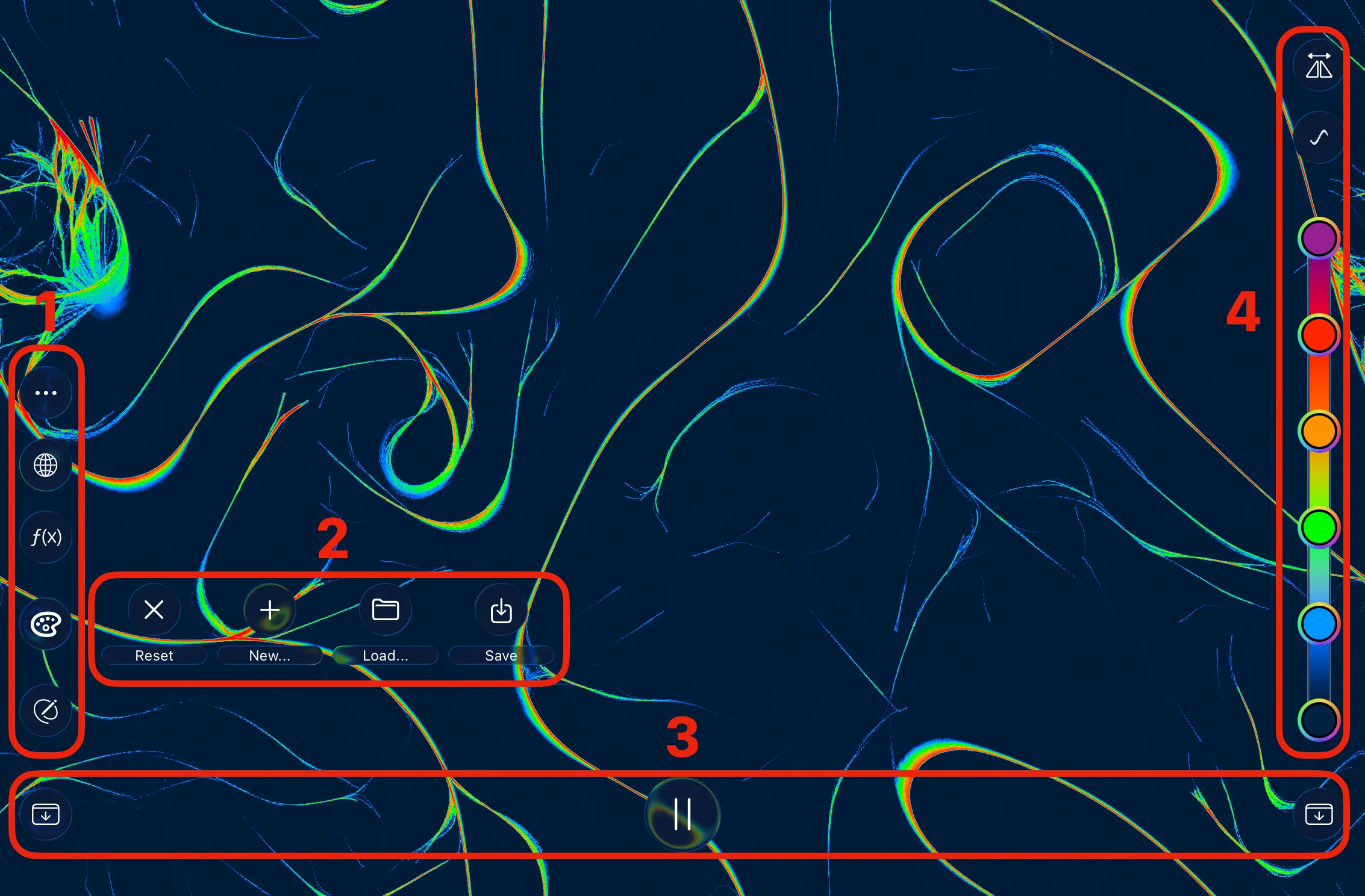 Annotated overview of the Physarum simulation workspace