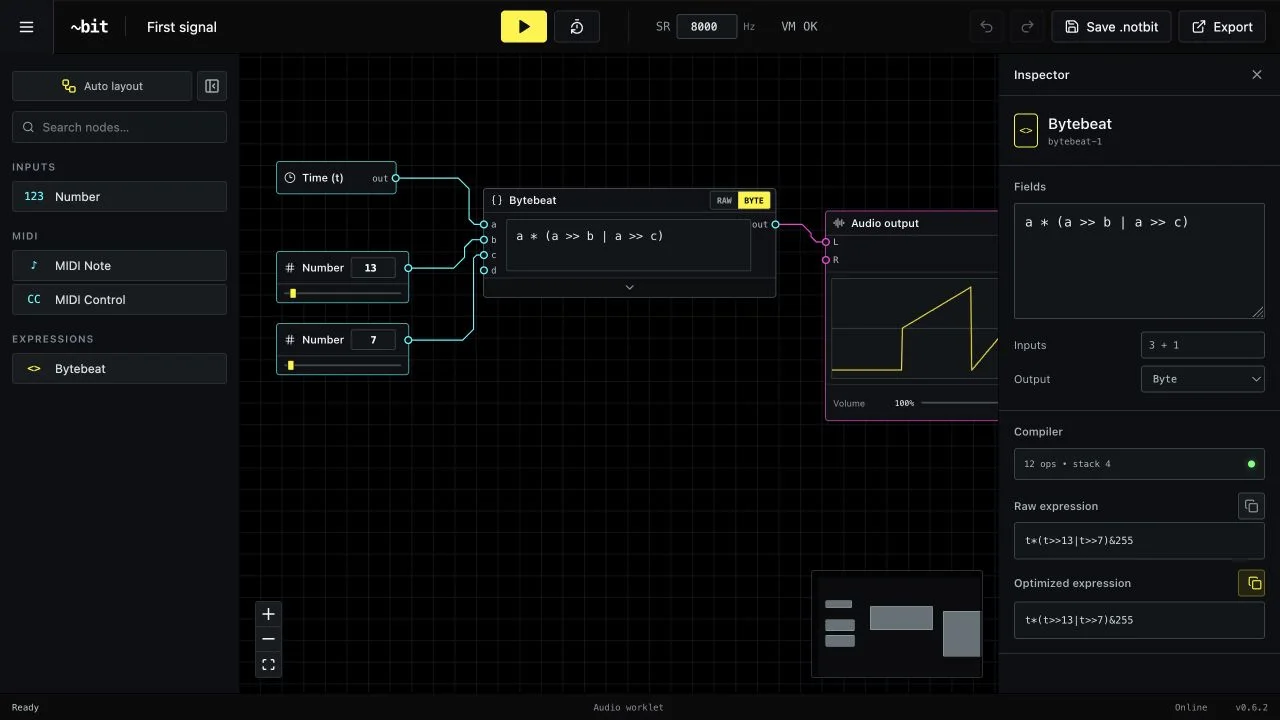 NotBit 0.6 inspector showing the combined expression and its compact optimized result with copy controls