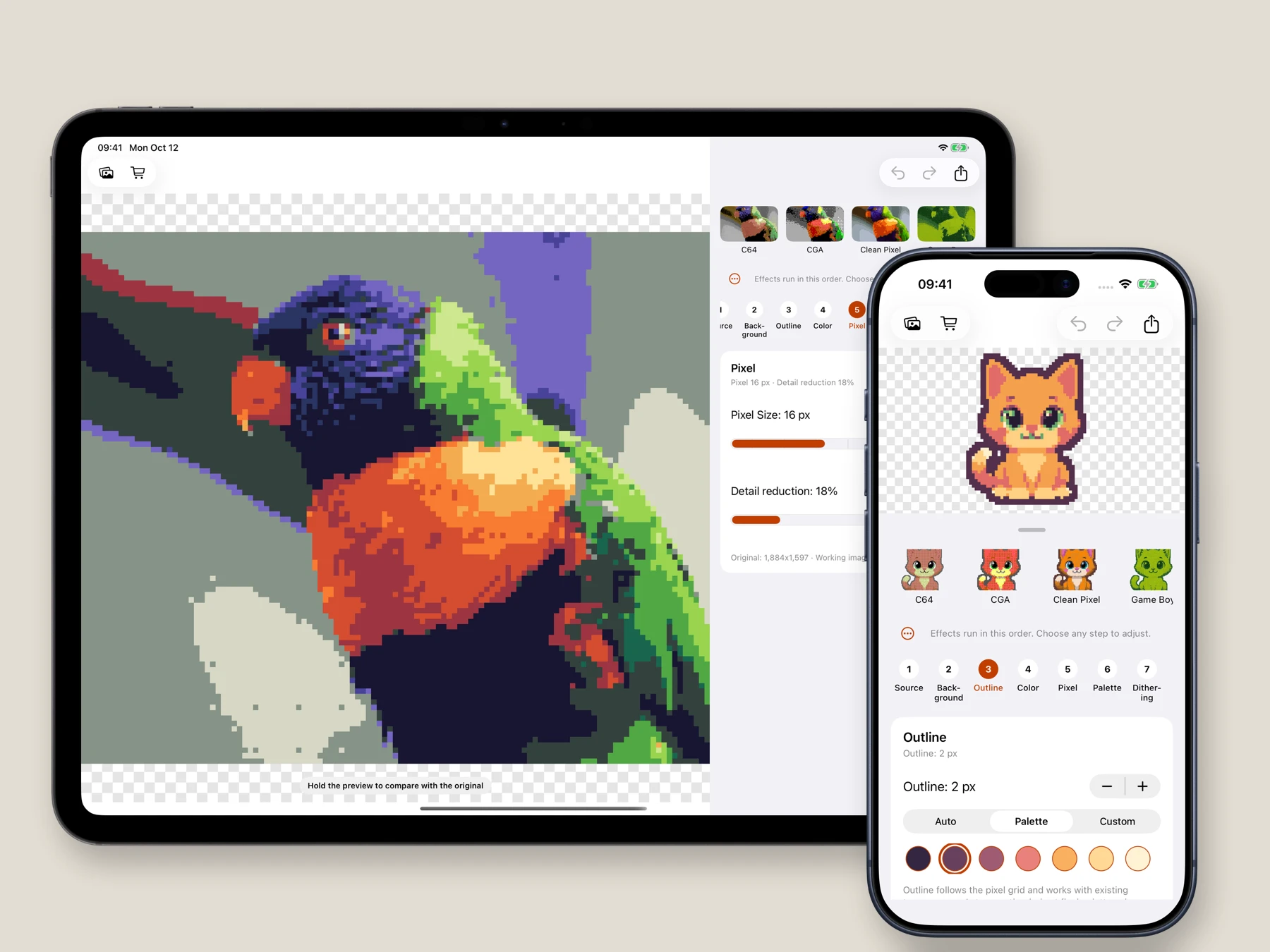 Pixator on iPad and iPhone, editing a tropical parrot and a cat with a pixel outline