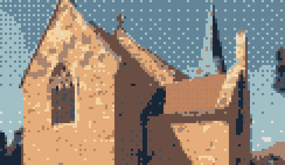 Church pixel art in terracotta and blue with ordered dithering