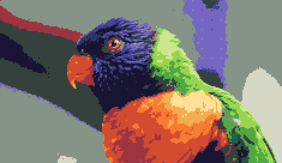 Parrot transformed into pixel art with a custom tropical palette