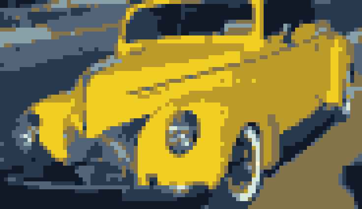 Yellow vintage car in a custom pixel art palette